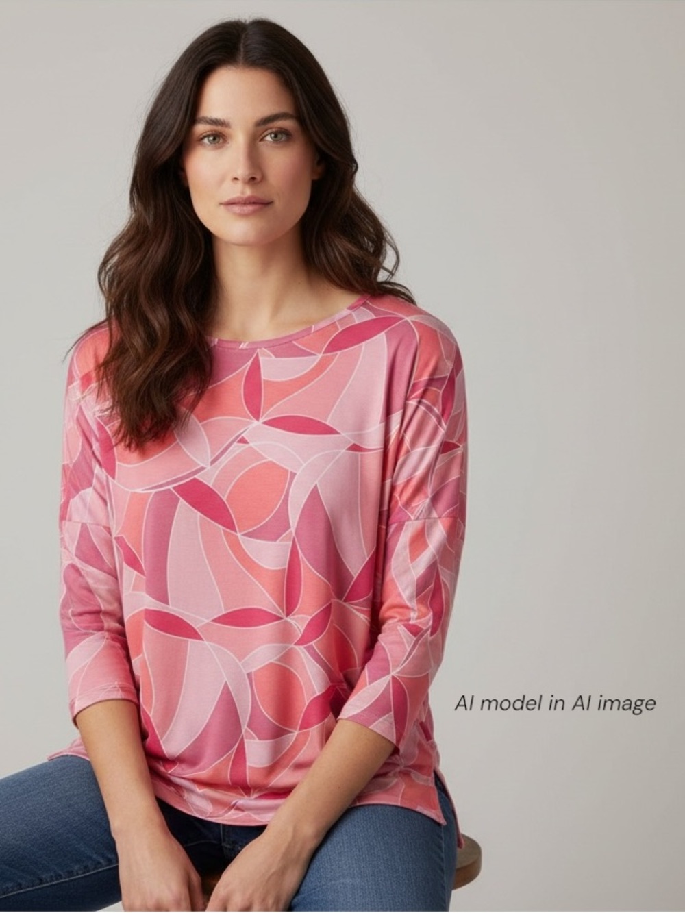 Susan Graver Shirt Womens XL Pink Geo Print 3/4 Sleeve Stretch Tunic Top